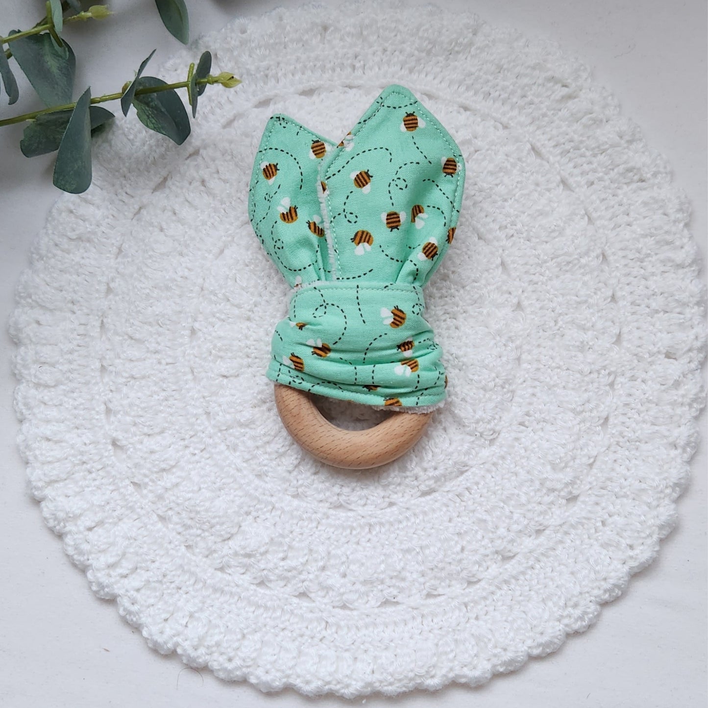 hayley james green bee beech wood bunny ear teether