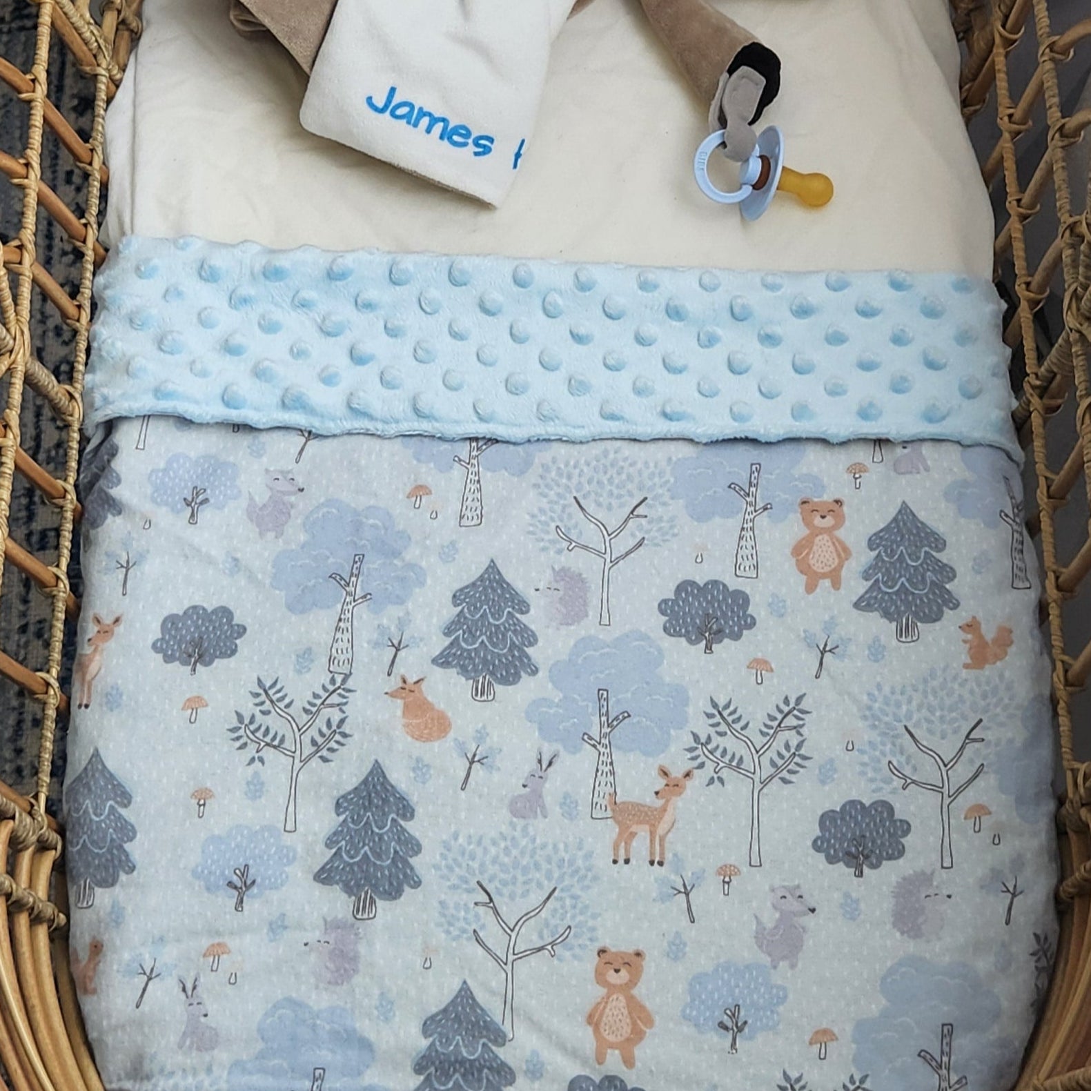blue noah handmade cotton flannelette and minky blanket with deers, bears and fox's