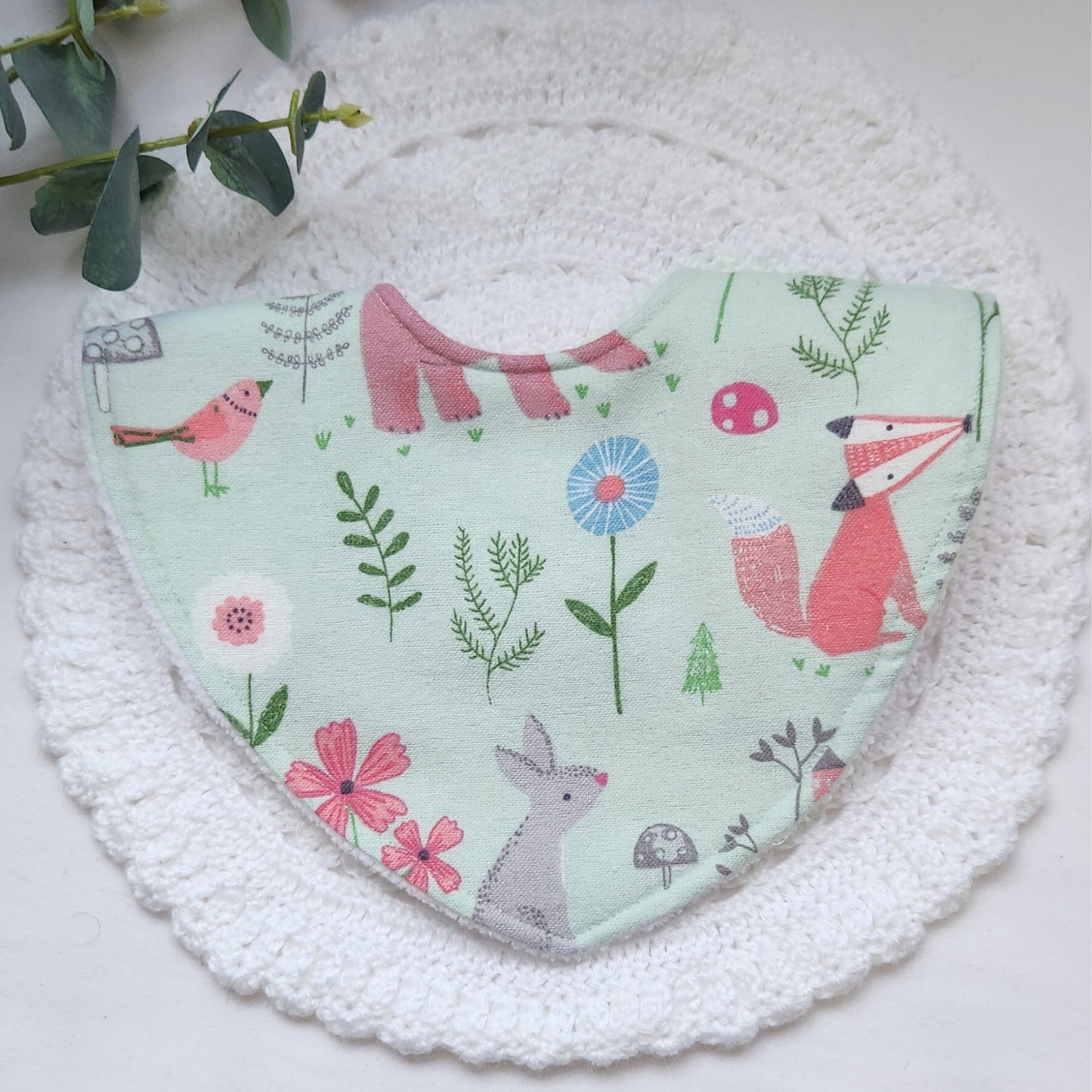 hayley james handmade bandana baby bib green with animals, blooming woods