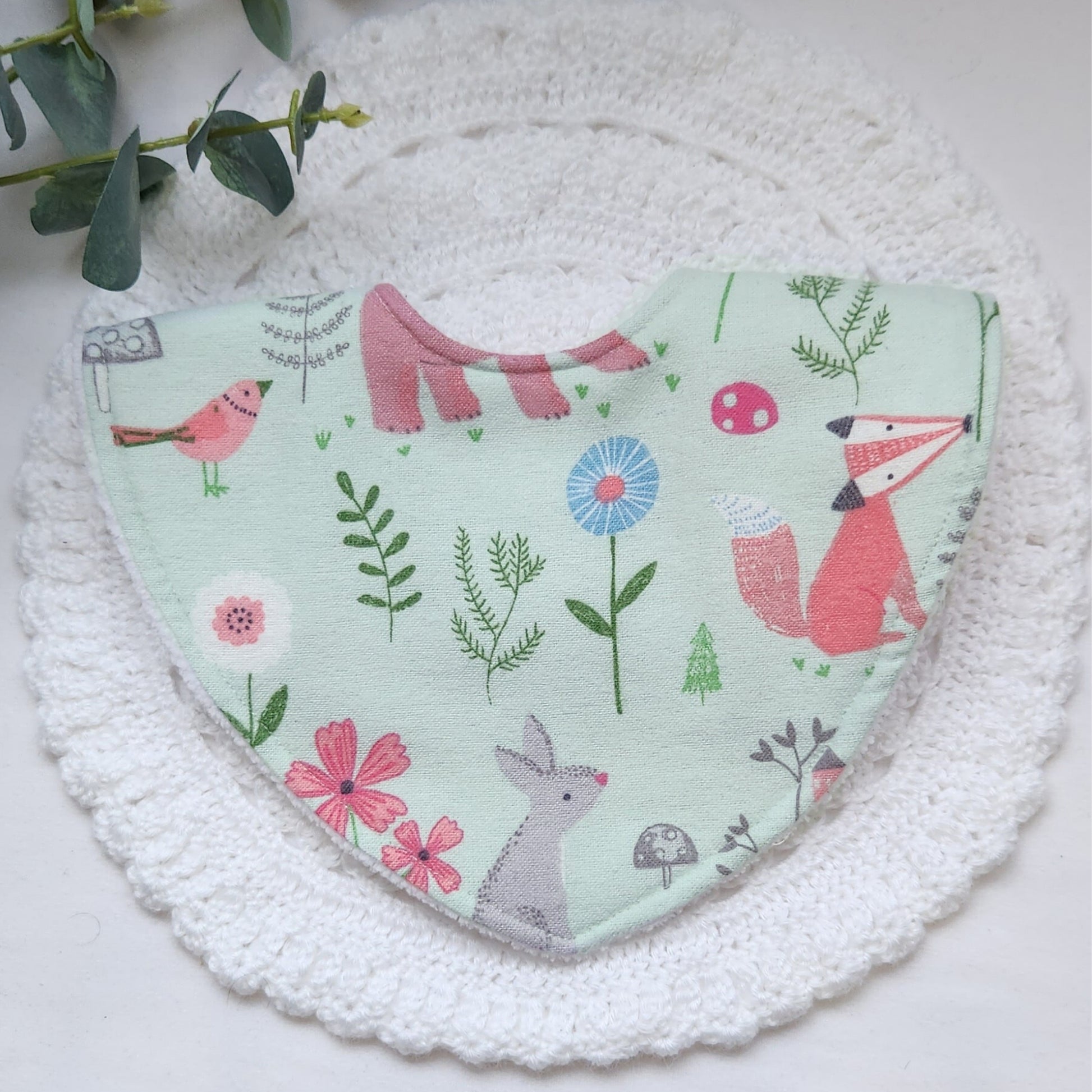 hayley james handmade bandana baby bib green with animals, blooming woods