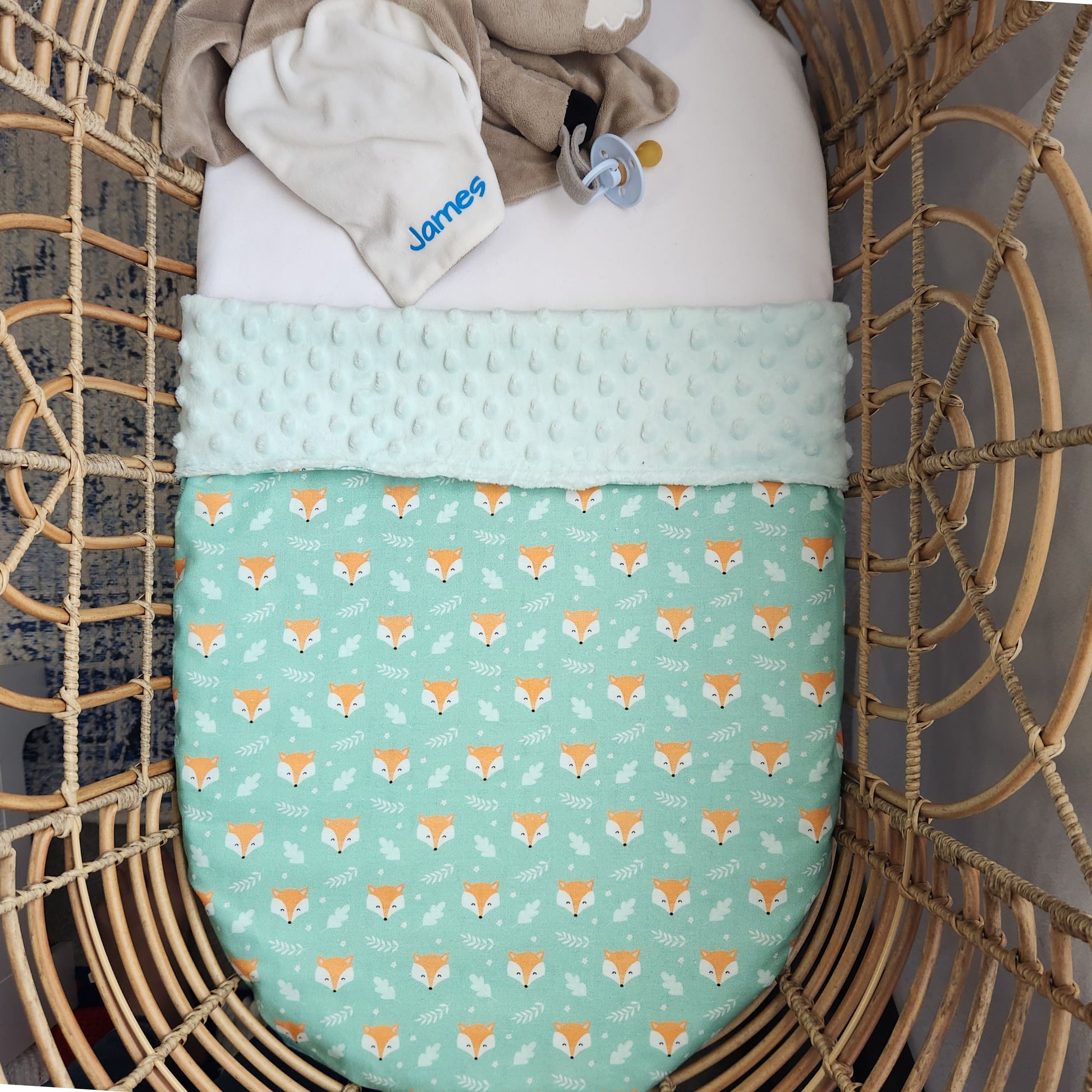 green fox baby blanket, mint minky backing, 100% organic cotton front