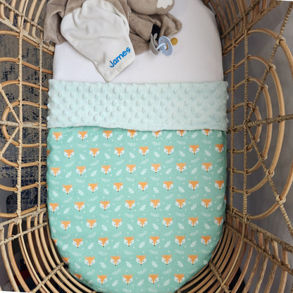green fox baby blanket, mint minky backing, 100% organic cotton front
