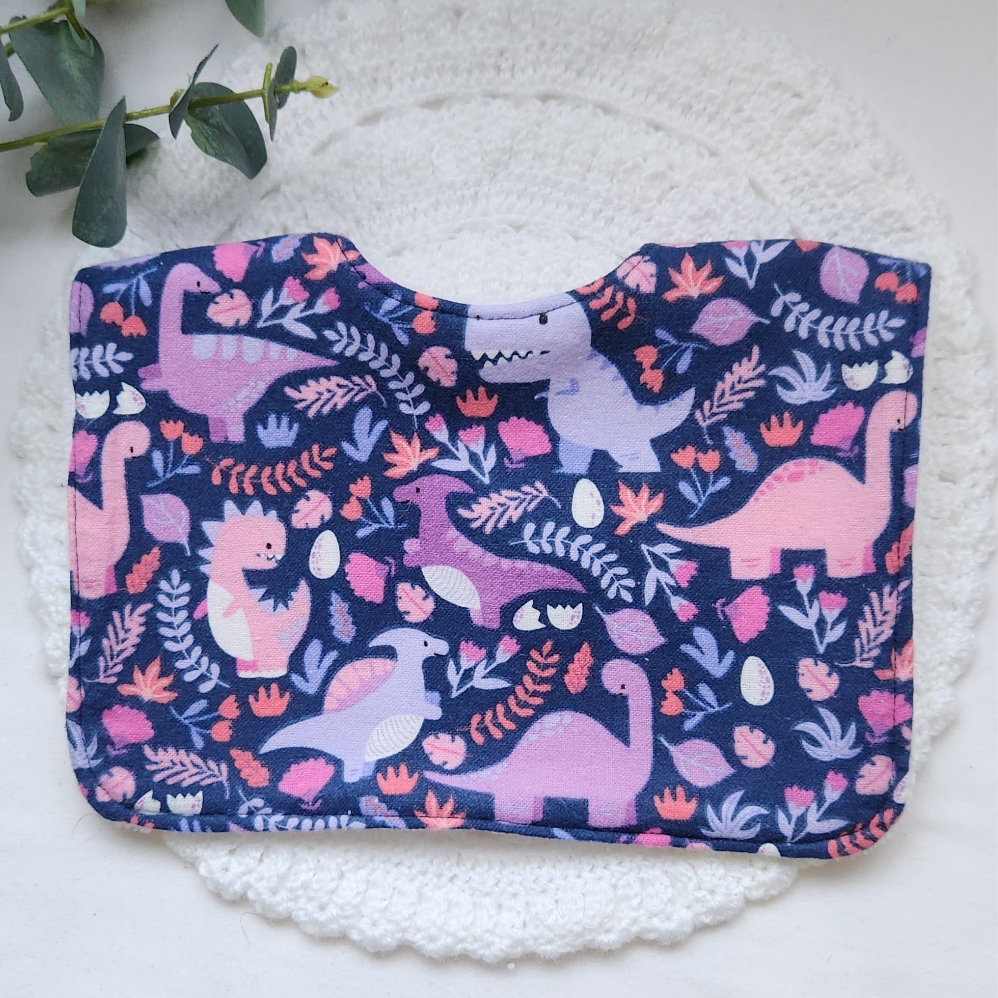hayley james handmade square baby bib with purple dinosaurs 